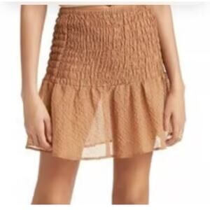 Open Edit Mini Skirt Sheer Fabric Smocked Elastic Waist Ruffled Hem Brown S NWOT
